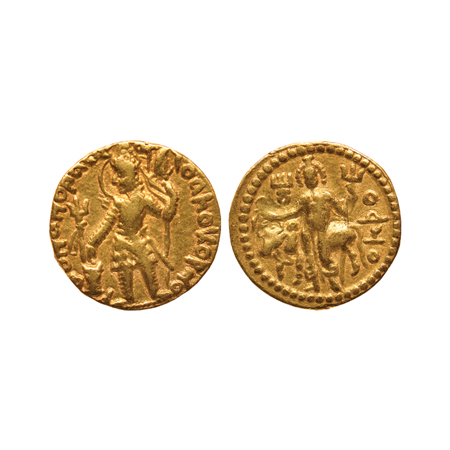 Kushanas, Vasudeva (c. AD 192-225), Gold Dinar, 7.35g, Obv: King nimbate standing left, ho
