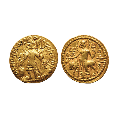 Kushanas, Vasudeva (c. AD 192-225), Gold Dinar, 7.87g, Obv: King nimbate standing left, ho