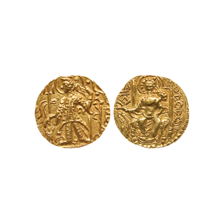 Kushanas, Vasudeva III, Gold Dinar, 7.87gm, Obv: King standing left, holding a trident in 