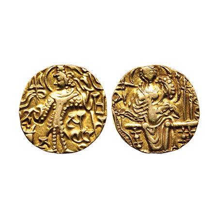 Later Kushanas, Shaka (c. 320-350 AD), Gold Dinar, 7.67gm, Obv: King nimbate, standing lef