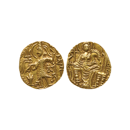 Kushanas, Shaka, Gold Dinar, 7.72g, Obv: King standing left, holding a trident in right ha