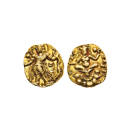 Guptas, Chandragupta II, Gold Dinar, 7.70gm, Archer Type, Obv: King nimbate, standing left
