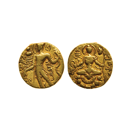 Guptas, Chandragupta II, Gold Dinar, 7.70gm, Archer Type, Obv: King nimbate, standing left