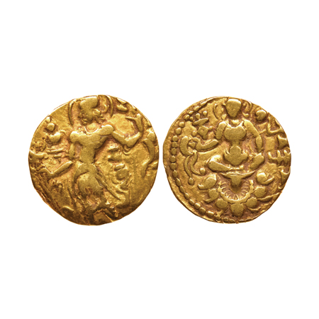 Guptas, Chandragupta II, Gold Dinar, 7.64gm, Archer Type, Obv: King nimbate standing to le