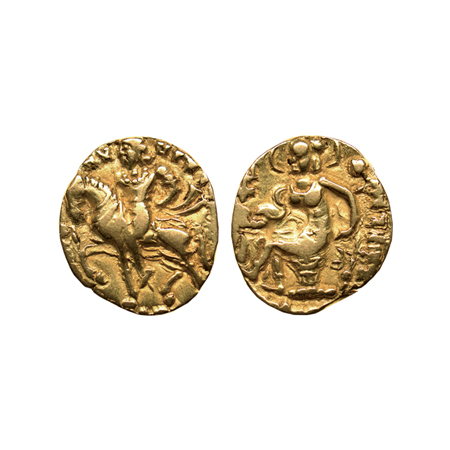 Guptas, Chandragupta II, Gold Dinar, 7.77gm, Horseman Type, Obv: King riding a caprisoned 