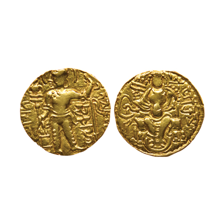 Guptas, Samudragupta, Gold Dinar, 7.61gm, Standard Type, Obv: King nimbate standing facing