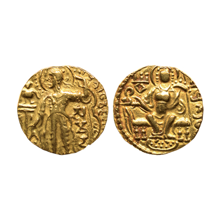 Guptas, Samudragupta, Gold Dinar, 7.63gm, Archer Type, Obv: King nimbate, standing left, h