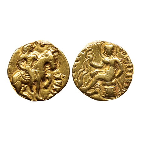Guptas, Kumargupta I (c. 414-155 AD), Gold Dinar, 7.80gm, Horseman Type, Obv: King without