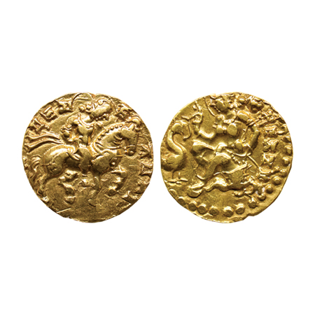 Guptas, Kumargupta I, Gold Dinar, 8.10gm, Horseman Type, Obv: King without nimbate, riding