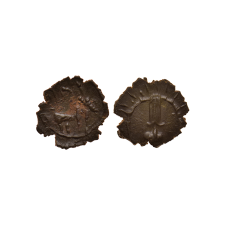 Pallavas of Kanchi, Potin Unit, 0.92gm, Obv: Humped bull standing right above traces of Br