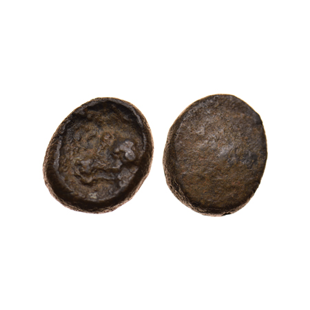 Vishnukundin, Copper base alloy Unit, 7.53gm, Obv: Lion facing to right, Uniface. Usually 