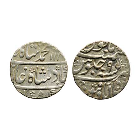 Muhammad Shah, Silver Rupee 11.30gm, Shahabad Qaunaj Mint, AH 114X/ RY 9, Trishul as a min
