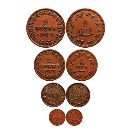 Kutch, Copper (4 coins), 3, 2, 1 Dokda & Trambiyo, Khengarji III, Bhuj Mint, in the name o