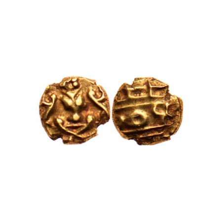 Mysore, Gold Fanam, 0.39gm, Krishna Raja Wodeyar, Narsimha on obv. KM 212. Very Fine, Scar
