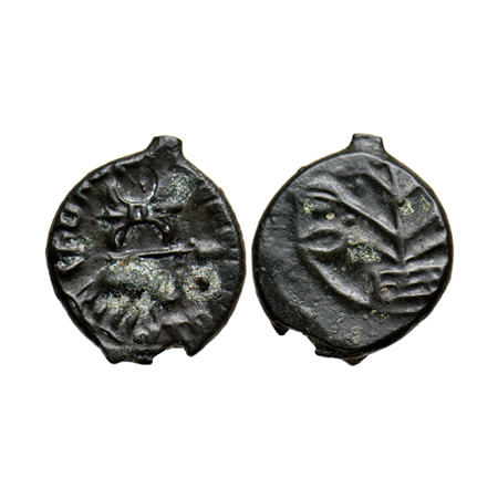 Western Kshatrapas, Nahapana, Potin Unit, 5.09gm, Obv: Elephant walking to right, thunderb