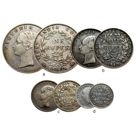 Victoria Queen, Silver (4 coins), Set of Rupee, ½ Rupee, ¼ Rupee & 2 Annas, 1840, Continuo