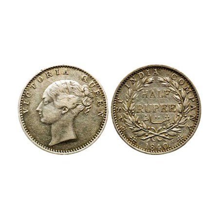 Victoria Queen, Silver ½ Rupee, 1840/ Calcutta Mint, Continuous Legend, 19 berries, Cresce