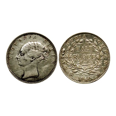 Victoria Queen, Silver ½ Rupee, 1840/ Calcutta Mint, Continuous Legend, 19 berries, Cresce