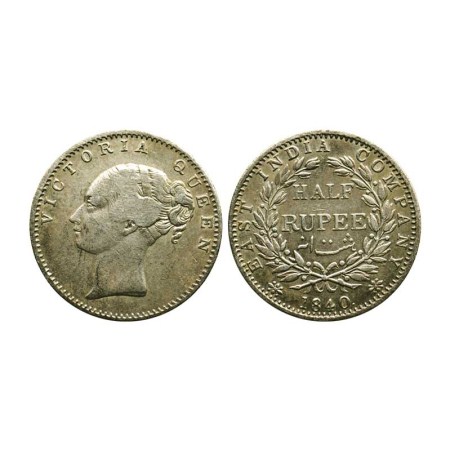 Victoria Queen, Silver ½ Rupee, 1840/Bombay Mint, Continuous Legend, English Head, 19 Berr
