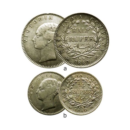 Victoria Queen, Silver (2 coins), ½ Rupee 1840/ Calcutta Mint, 19 berries, Crescent in rel