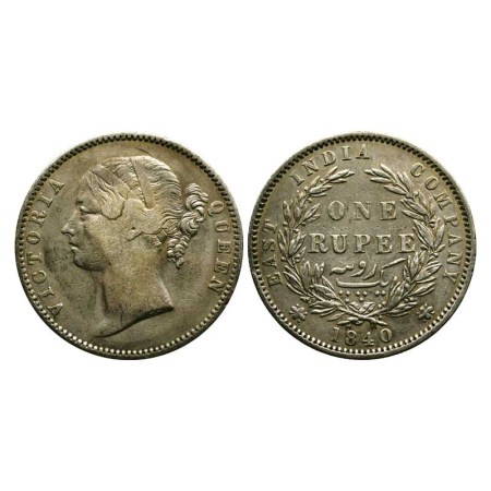 Victoria Queen, Silver Rupee, 1840/Madras Mint, Divided Legend, 28 Berries, WWB raised (No