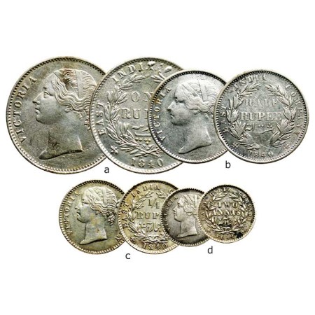 Victoria Queen, Silver (4 coins), Set of Rupee, ½ Rupee, ¼ Rupee & 2 Annas, 1840, Divided 
