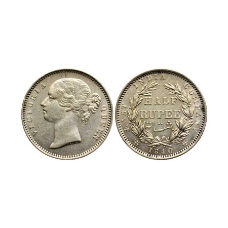 Victoria Queen, Silver ½ Rupee, 1840/Madras Mint, Divided legend, 24 Berries, BW.W. (B Rai