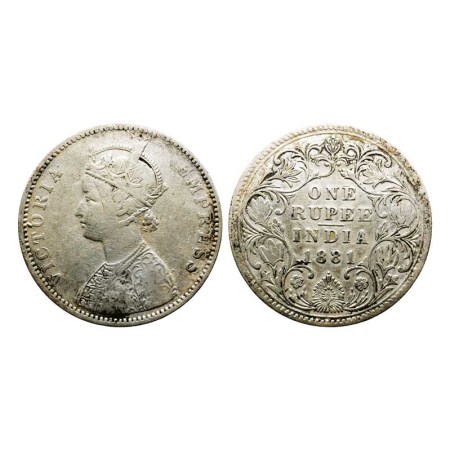 Victoria Empress, Silver Rupee, 1881/Bombay Mint, A3 II Bead. F. Prid 157. About Very Fine