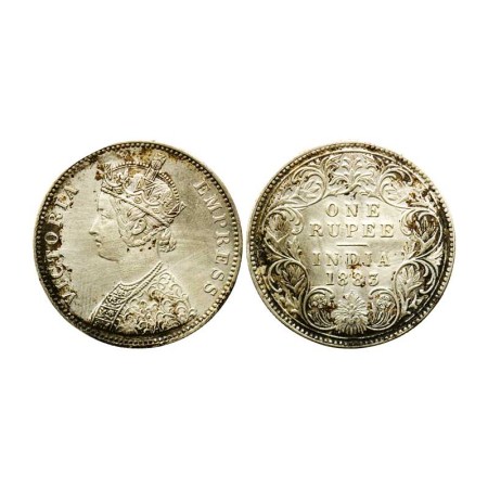 Victoria Empress, Silver Rupee, 1883/Bombay Mint, A3 I, Bead. F. Prid 162. Mud Deposits. E