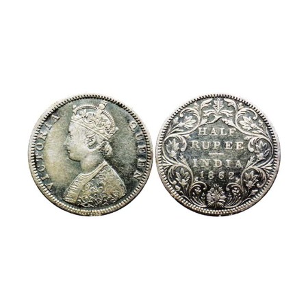 Victoria Queen, Silver ½ Rupee, 1862/Bombay Mint, B II/II, F. Pridmore 259. About Extra Fi