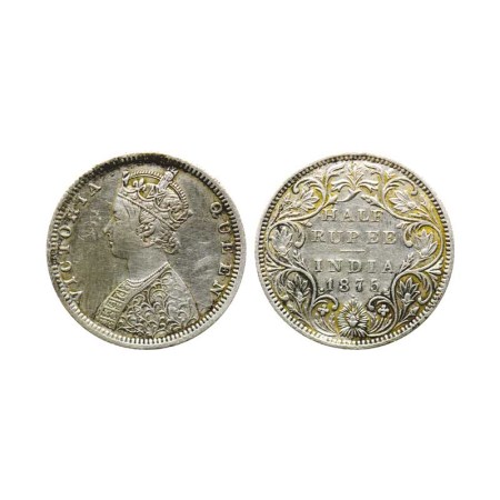 Victoria Queen, Silver ½ Rupee, 1875/Bombay Mint, B I, Bead, F. Pridmore Unlisted. Very Fi