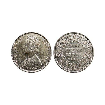 Victoria Empress, Silver ½ Rupee, 1884/Bombay Mint, A II, no mint mark. F. Pridmore 293. A