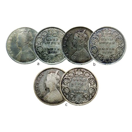 Victoria Empress, Silver ½ Rupee (3 coins), 1885/Calcutta Mint A 1, C incuse, 1897/Bombay 