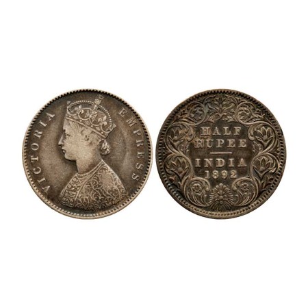 Victoria Empress, Silver ½ Rupee, 1892/Calcutta Mint, A/I, C incuse. F. Pridmore 276. Abou