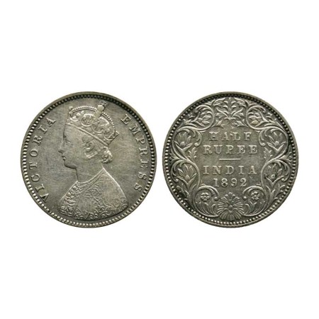 Victoria Empress, Silver ½ Rupee, 1892/Bombay Mint, A/I, B incuse. F. Pridmore 302. About 