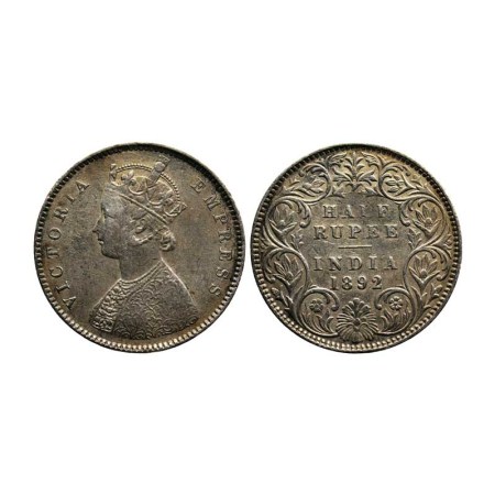 Victoria Empress, Silver ½ Rupee, 1892/Bombay Mint, A/I, B incuse, F. Pridmore 302. About 