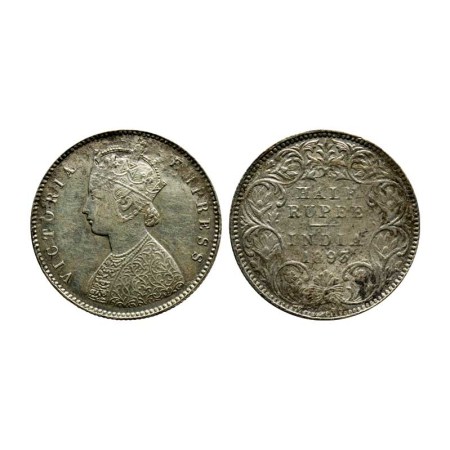 Victoria Empress, Silver ½ Rupee, 1893/Calcutta Mint, A/I, C incuse. F. Pridmore 277. Abou