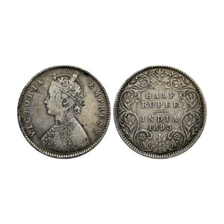 Victoria Empress, Silver ½ Rupee, 1893/Bombay Mint, A I, B incuse. F. Pridmore 303. About 
