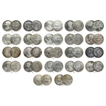 Victoria Queen & Empress, Silver (22 coins) lot, ¼ Rupees, 1840 Divided legend, 1862, 1875