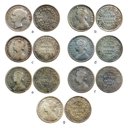 Victoria Queen & Empress, Silver (7 coins), ¼ Rupees, 1840/Bombay Mint Continous legend (P