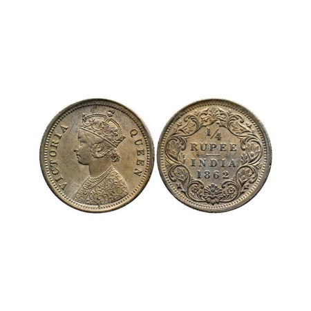 Victoria Queen, Silver ¼ Rupee, 19.93mm 1862/Madras Mint. A/I - W/O mint mark. Error in 'I