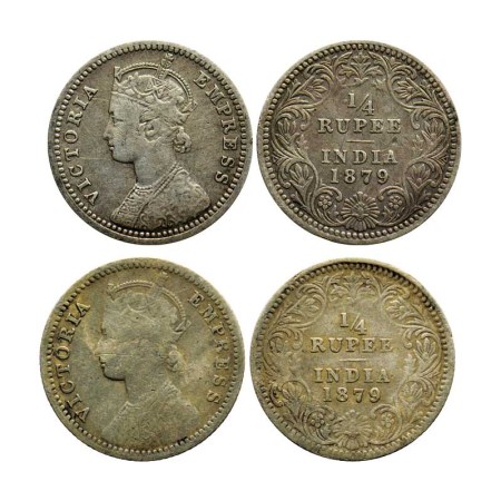 Victoria Empress, Silver (2 coins), ¼ Rupee, 1879/Calcutta Mint, C II, C incuse. F. Pridmo