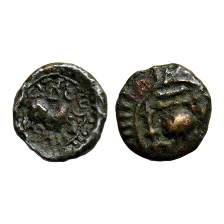 Kalachuris of Mahishmati, Swamiraj, Vishnukundin type, Copper Base Alloy, 2.66gm, Obv: Bul