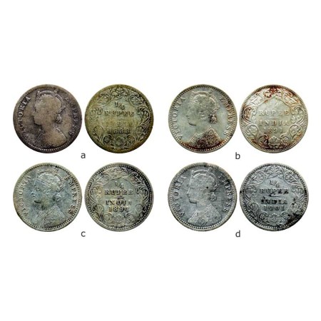Victoria Empress, Silver ¼ Rupee (4 coins), 1888/ Bombay Mint C II Bead , 1891/ Bombay Min