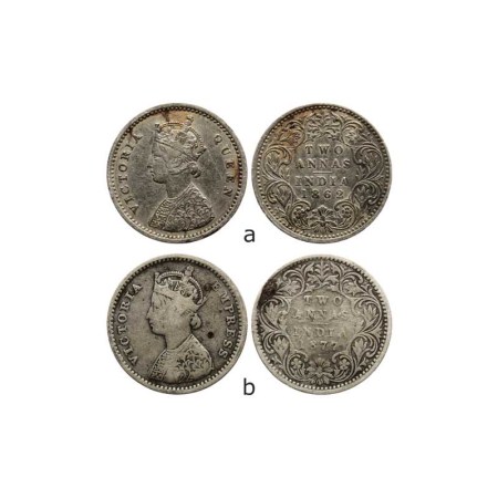 Victoria Empress, Silver 2 Anna (2 coins), 1862/ Bombay Mint, 1877/Bombay Mint, A I Bead, 