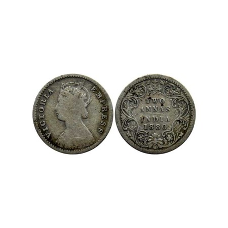 Victoria Empress, Silver 2 Annas, 1880/Calcutta Mint, B/II, C incuse, F. Pridmore 495. Abo