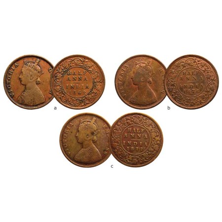 Victoria Queen & Empress, Copper (3 coins), ½ Anna, 1862/Madras Mint Bust A, 1876/Calcutta