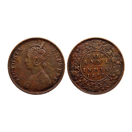Victoria Empress, Copper ½ Anna, 1877/Bombay Mint, Bust B. F. Pridmore 583. Very Fine, Sca
