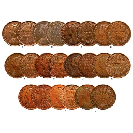 Victoria Queen & Empress, Copper (11 coins) lot, Quarter Anna, 1862, 1876, 1882, 1886, 188