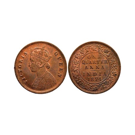Victoria Queen, Copper Quarter Anna, 1874/Calcutta Mint, F. Prid 608. Unc, Rare.